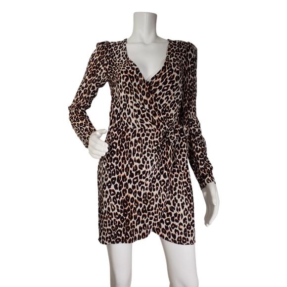 Reformation Womens Size Small Brooke Leopard Mini Long Sleeve Wrap Dress - Picture 1 of 7